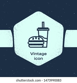 Grunge line Paper cup with drinking straw and burger icon isolated on blue background. Soda aqua drink sign. Hamburger, cheeseburger sandwich. Monochrome vintage drawing. Vector Illustration