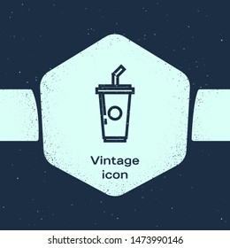 Grunge line Paper cup with drinking straw and water icon isolated on blue background. Soda drink glass. Fresh cold beverage symbol. Monochrome vintage drawing. Vector Illustration