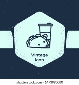 Grunge line Paper cup and taco with tortilla icon isolated on blue background. Soda aqua drink sign.  Monochrome vintage drawing. Vector Illustration
