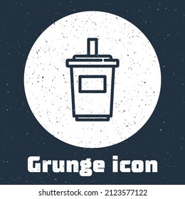 Grunge line Paper glass with drinking straw and water icon isolated on grey background. Soda drink glass. Fresh cold beverage symbol. Monochrome vintage drawing. Vector