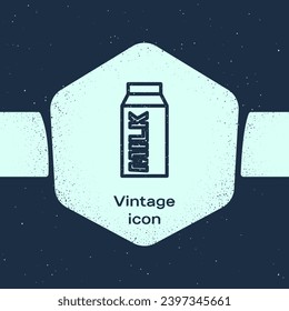 Grunge line Paper package for milk icon isolated on blue background. Milk packet sign. Monochrome vintage drawing. Vector