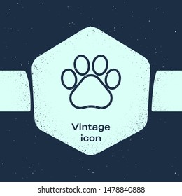 Grunge line Paw print icon isolated on blue background. Dog or cat paw print. Animal track. Monochrome vintage drawing. Vector Illustration