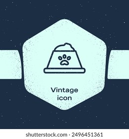 Grunge line Pet food bowl for cat or dog icon isolated on blue background. Dog or cat paw print. Monochrome vintage drawing. Vector