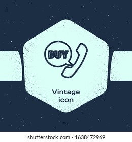 Grunge line Phone and speech bubble with text Buy icon isolated on blue background. Online buying symbol. Supermarket basket symbol. Monochrome vintage drawing. Vector Illustration