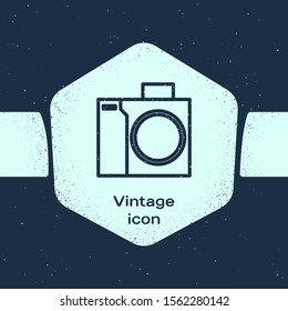 Grunge line Photo camera for diver icon isolated on blue background. Foto camera icon. Diving underwater equipment. Monochrome vintage drawing. Vector Illustration