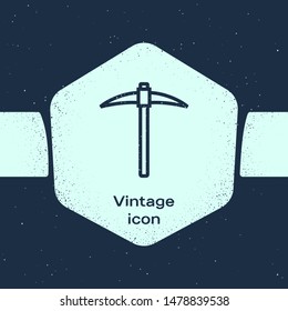 Grunge line Pickaxe icon isolated on blue background. Blockchain technology, cryptocurrency mining, bitcoin, digital money market, cryptocoin wallet. Monochrome vintage drawing. Vector Illustration