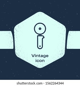 Grunge line Pizza knife icon isolated on blue background. Pizza cutter sign. Steel kitchenware equipment. Monochrome vintage drawing. Vector Illustration