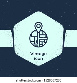 Grunge line Placeholder on map paper in perspective icon isolated on blue background. Monochrome vintage drawing. Vector Illustration