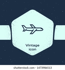 Grunge line Plane icon isolated on blue background. Flying airplane icon. Airliner sign. Monochrome vintage drawing. Vector Illustration