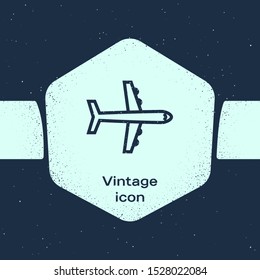 Grunge line Plane icon isolated on blue background. Flying airplane icon. Airliner sign. Monochrome vintage drawing. Vector Illustration