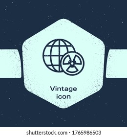 Grunge line Planet earth and radiation symbol icon isolated on blue background. Environmental concept. Monochrome vintage drawing. Vector