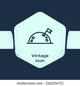 Grunge line Planet with flag icon isolated on blue background. Monochrome vintage drawing. Vector Illustration