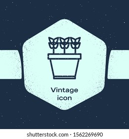 Grunge line Plants in pot icon isolated on blue background. Plants growing in a pot. Potted plant sign. Monochrome vintage drawing. Vector Illustration