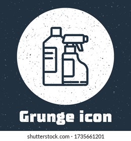 Grunge line Plastic bottles for laundry detergent, bleach, dishwashing liquid or another cleaning agent icon isolated on grey background. Monochrome vintage drawing. Vector Illustration