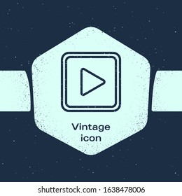 Grunge line Play in square icon isolated on blue background. Monochrome vintage drawing. Vector Illustration