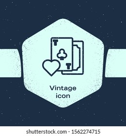 Grunge line Playing card with clubs symbol icon isolated on blue background. Casino gambling. Monochrome vintage drawing. Vector Illustration