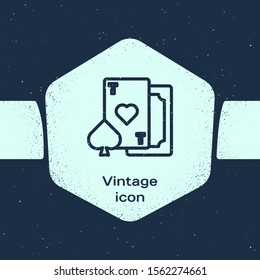 Grunge line Playing card with heart symbol icon isolated on blue background. Casino gambling. Monochrome vintage drawing. Vector Illustration