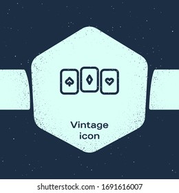 Grunge line Playing cards icon isolated on blue background. Casino gambling. Monochrome vintage drawing. Vector Illustration
