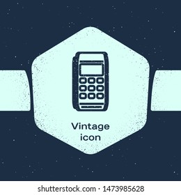 Grunge line Pos terminal icon isolated on blue background. Payment terminal transaction. Pay by card. Monochrome vintage drawing. Vector Illustration