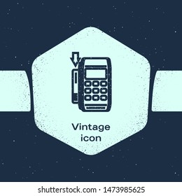 Grunge line Pos terminal with inserted credit card icon isolated on blue background. Payment terminal transaction. Pay by card. Monochrome vintage drawing. Vector Illustration