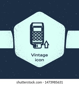 Grunge line Pos terminal with inserted credit card icon isolated on blue background. Payment terminal transaction. Pay by card. Monochrome vintage drawing. Vector Illustration