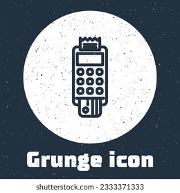 Grunge line POS terminal with inserted credit card and printed reciept icon isolated on grey background. NFC payment concept. Monochrome vintage drawing. Vector Illustration