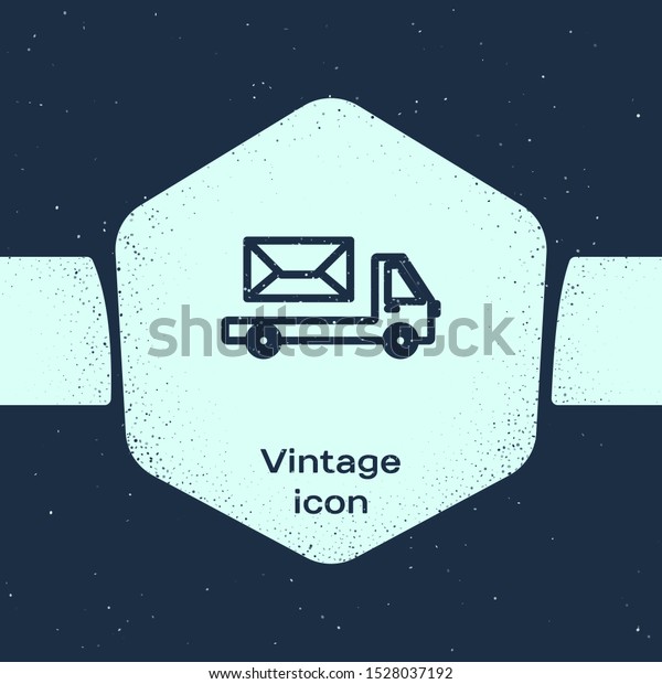 Grunge line Post truck icon\
isolated on blue background. Mail car. Vehicle truck transport with\
envelope or letter. Monochrome vintage drawing. Vector\
Illustration