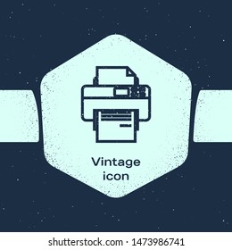 Grunge line Printer icon isolated on blue background. Monochrome vintage drawing. Vector Illustration