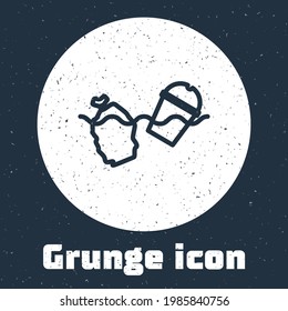 Grunge line The problem of pollution of the ocean icon isolated on grey background. The garbage, plastic, bags on the sea. Monochrome vintage drawing. Vector Illustration