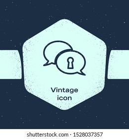Grunge line Protection of personal data icon isolated on blue background. Speech bubble and key. Monochrome vintage drawing. Vector Illustration