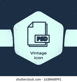 Grunge line PSD file document. Download psd button icon isolated on blue background. PSD file symbol. Monochrome vintage drawing. Vector Illustration