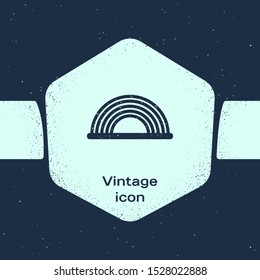 Grunge line Rainbow with clouds icon isolated on blue background. Monochrome vintage drawing. Vector Illustration