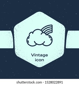 Grunge line Rainbow with clouds icon isolated on blue background. Monochrome vintage drawing. Vector Illustration