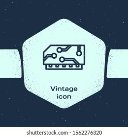 Grunge line RAM, random access memory icon isolated on blue background. Monochrome vintage drawing. Vector Illustration