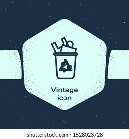 Grunge line Recycle bin with recycle symbol icon isolated on blue background. Trash can icon. Garbage bin sign. Recycle basket sign. Monochrome vintage drawing. Vector Illustration
