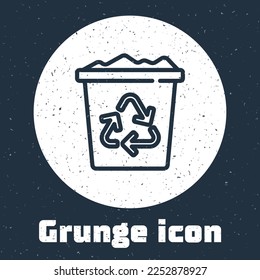 Grunge line Recycle bin with recycle symbol icon isolated on grey background. Trash can icon. Garbage bin sign. Recycle basket sign. Monochrome vintage drawing. Vector