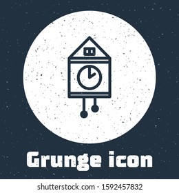Grunge line Retro wall watch icon isolated on grey background. Cuckoo clock sign. Antique pendulum clock. Monochrome vintage drawing. Vector Illustration