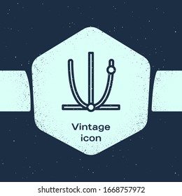 Grunge line Ringing bell icon isolated on blue background. Alarm symbol, service bell, handbell sign, notification symbol. Monochrome vintage drawing. Vector Illustration