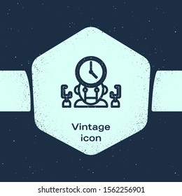Grunge line Robot and digital time manager icon isolated on blue background. Time management assistance, workflow optimization help. Monochrome vintage drawing. Vector Illustration