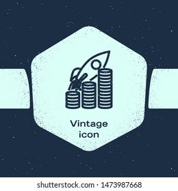Grunge line Rocket flying up on coins growth chart icon isolated on blue background. Graph that shows increase in sales. Monochrome vintage drawing. Vector Illustration