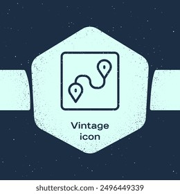 Grunge line Route location icon isolated on blue background. Map pointer sign. Concept of path or road. GPS navigator. Monochrome vintage drawing. Vector