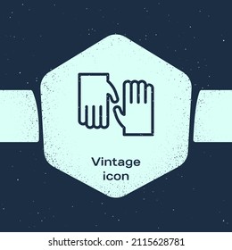 Grunge line Rubber gloves icon isolated on blue background. Latex hand protection sign. Housework cleaning equipment symbol. Monochrome vintage drawing. Vector