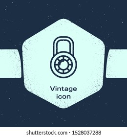 Grunge line Safe combination lock wheel icon isolated on blue background. Combination padlock. Security, safety, protection, password, privacy. Monochrome vintage drawing. Vector Illustration
