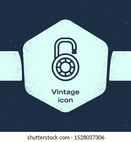 Grunge line Safe combination lock wheel icon isolated on blue background. Combination padlock. Security, safety, protection, password, privacy. Monochrome vintage drawing. Vector Illustration