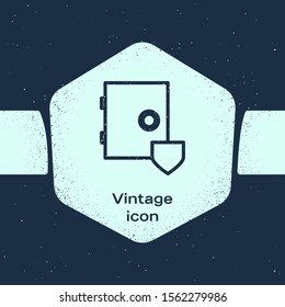 Grunge line Safe with shield icon isolated on blue background. Insurance concept. Security, safety, protection, protect concept. Monochrome vintage drawing. Vector Illustration