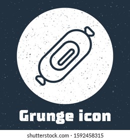 Grunge line Salami sausage icon isolated on grey background. Meat delicatessen product. Monochrome vintage drawing. Vector Illustration