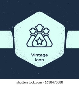 Grunge line Santa Claus bag gift icon isolated on blue background. Christmas presents sack. Merry Christmas and Happy New Year. Monochrome vintage drawing. Vector Illustration