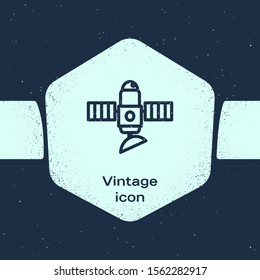 Grunge line Satellite icon isolated on blue background. Monochrome vintage drawing. Vector Illustration