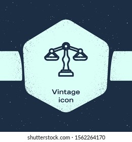 Grunge line Scales of justice icon isolated on blue background. Court of law symbol. Balance scale sign. Monochrome vintage drawing. Vector Illustration