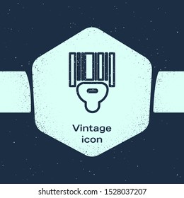 Grunge line Scanner scanning bar code icon isolated on blue background. Barcode label sticker. Identification for delivery with bars. Monochrome vintage drawing. Vector Illustration